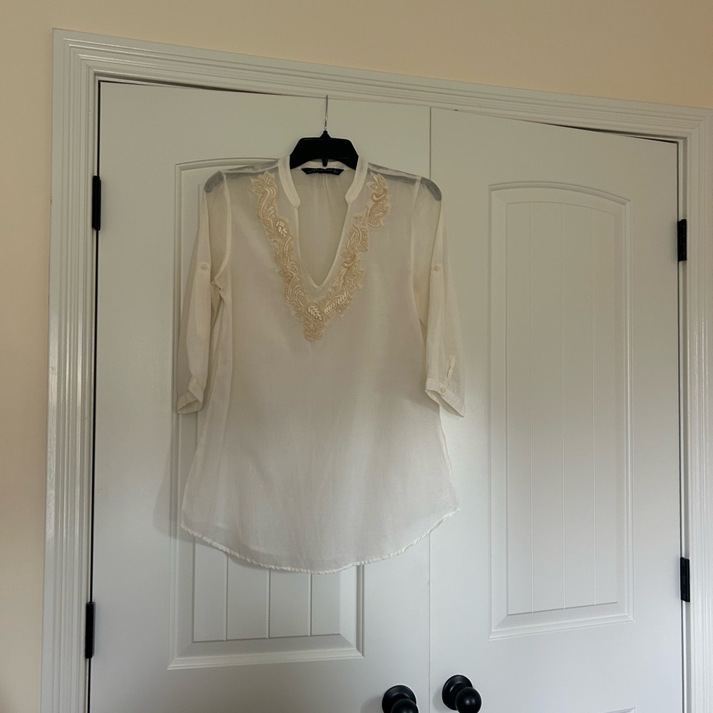 Zara Cream V- neck Embroidered Tunic Top